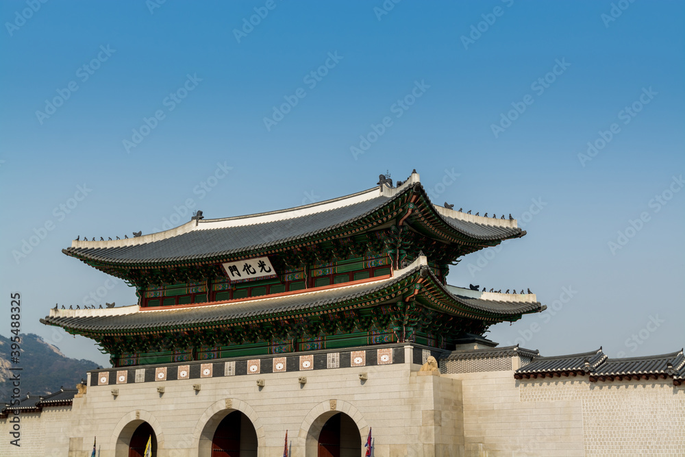 Gwanghwamum gate in front of  Gyeongbokgung,  the main gate of  Gyeongbokgung Palace or Gyeongbok Palace, the royal palace of Joseon dynasty.