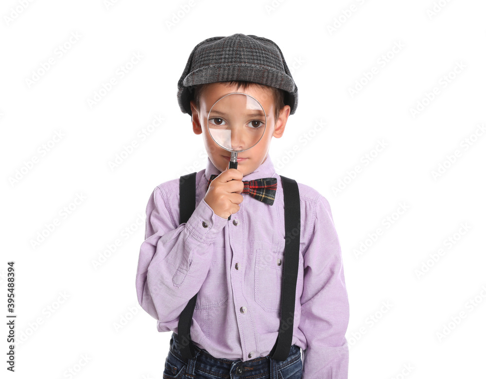 Little boy with magnifying glass playing detective on white background Little boy with magnifying glass playing detective on white background