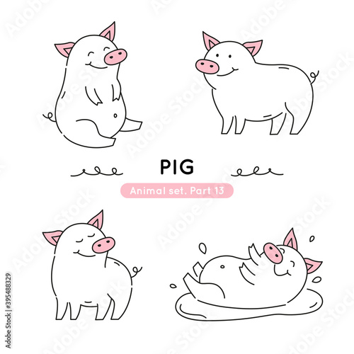 Set of doodle pigs in various poses. Collection of cute charactes isolated.