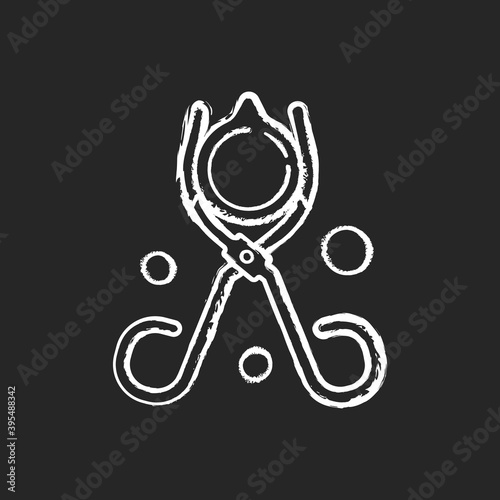 Beaker tongs chalk white icon on black background. Handling hot and cold beakers. Lab equipment. Scissor-like tool. Carrying evaporating dishes and flasks. Isolated vector chalkboard illustration