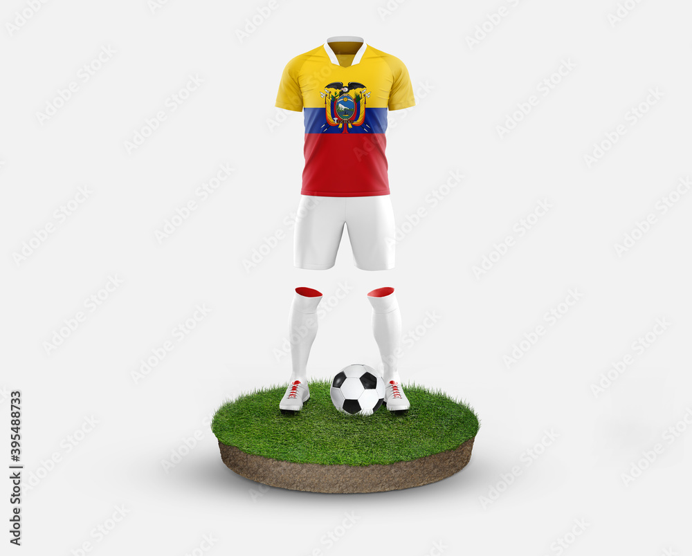 Ecuador soccer player standing on football grass, wearing a national flag uniform. Football concept. championship and world cup theme.