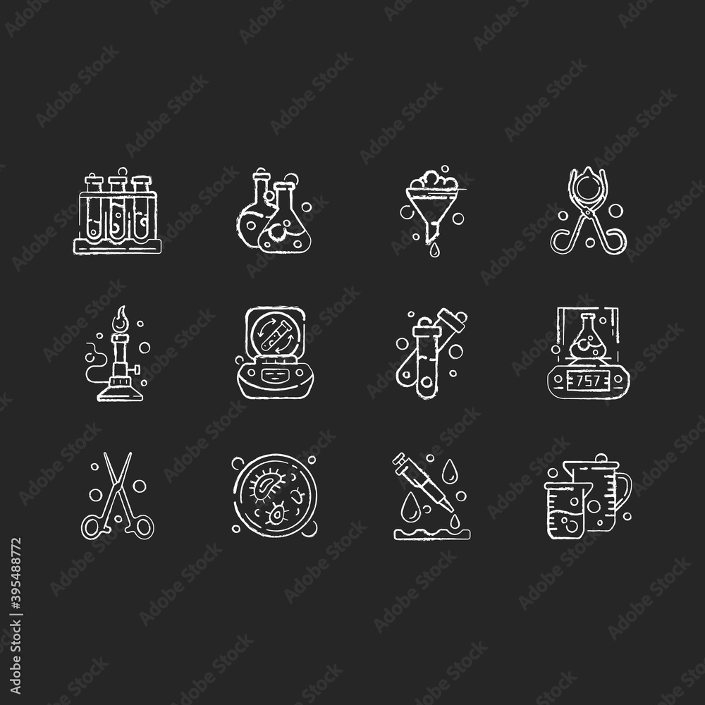 Lab equipment chalk white icons set on black background. Test tube rack. Chemistry glassware for containing liquid. Petri dish. Bunsen burner. Isolated vector chalkboard illustrations Lab equipment chalk white icons set on black background. Test tube rack. Chemistry glassware for containing liquid. Petri dish. Bunsen burner. Isolated vector chalkboard illustrations