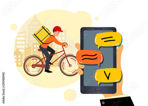 Making an online order for delivery of goods or food. Courier goes around city delivering the order to buyer. Vector illustration. delivery guy. Delivery online order.