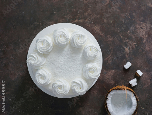 Latin american food, coconut cake, torta or pastel de coco, Columbian typical cake