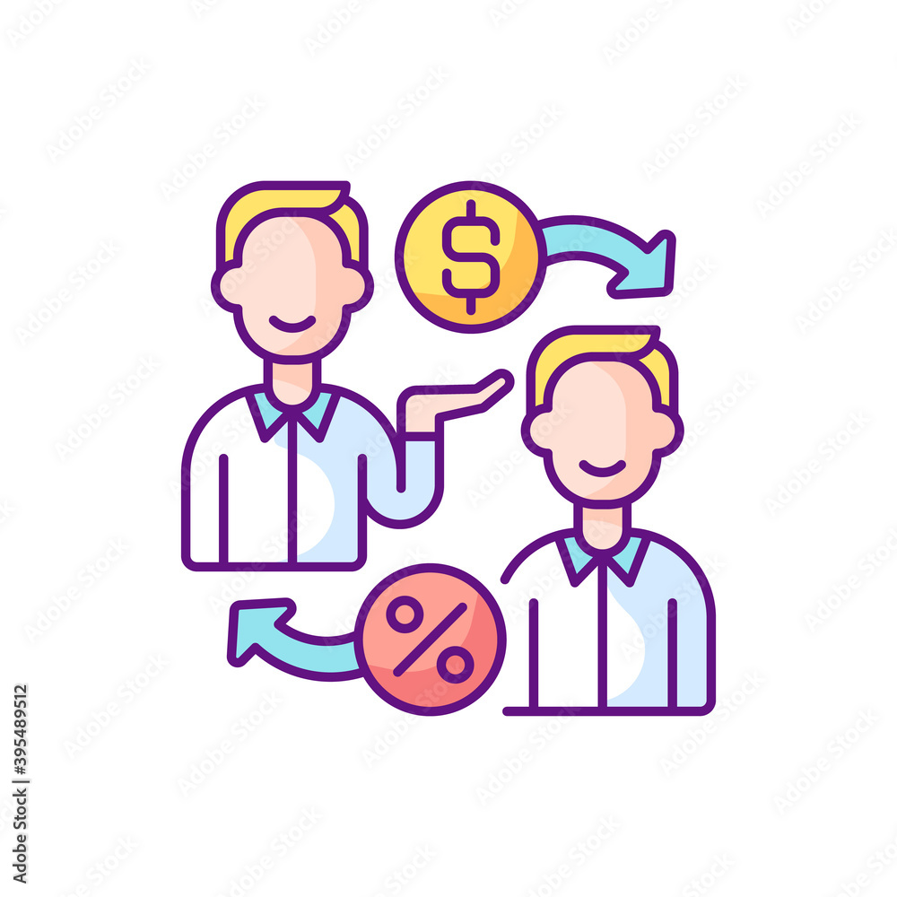 Peer to peer lending RGB color icon. Giving money to businesses through online services that match lenders with borrowers. Isolated vector illustration