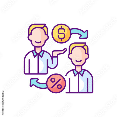 Peer to peer lending RGB color icon. Giving money to businesses through online services that match lenders with borrowers. Isolated vector illustration
