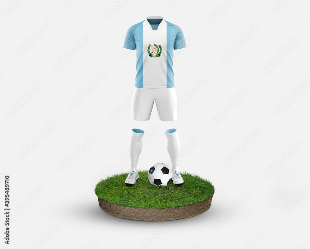 Guatemala soccer player standing on football grass, wearing a national flag uniform. Football concept. championship and world cup theme.