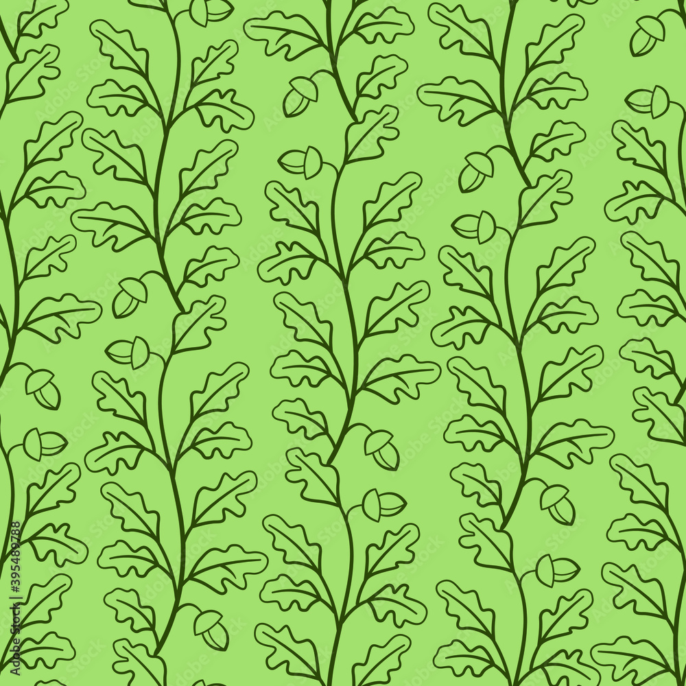 Vector seamless pattern with dark green vertical oak twigs on green background; for wrapping paper, greeting cards, posters, banners, packaging.