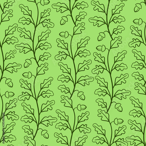 Vector seamless pattern with dark green vertical oak twigs on green background; for wrapping paper, greeting cards, posters, banners, packaging.