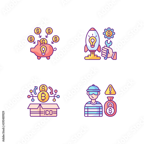 Different money types crowdfunding RGB color icons set. Funding projects with different currency options using digital platforms. Isolated vector illustrations