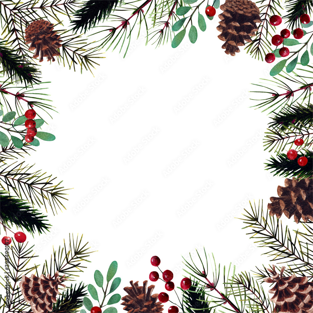 Watercolor christmas frame with cones, pine branches, leaves and berries. Hand drawn illustration