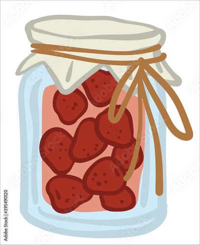 Preserved strawberries in jar, sweet jam vector