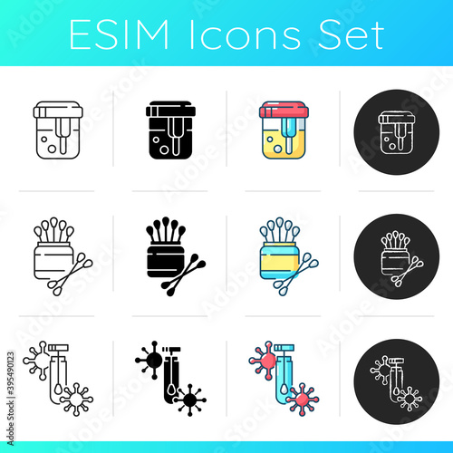 Medical diagnostic cons set. Urine analysis. Examination for diabetes. Cotton swabs. PCR test. Sample in tube. Covid infection. Linear, black and RGB color styles. Isolated vector illustrations