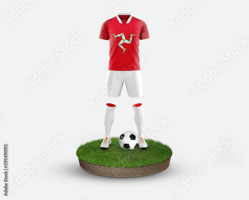 Isle Of Man soccer player standing on football grass, wearing a national flag uniform. Football concept. championship and world cup theme.