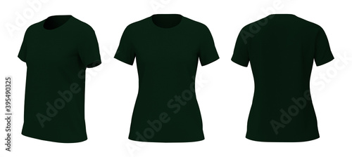 Women's crewneck t-shirt mockup, front, side and back views, design presentation for print, 3d illustration, 3d rendering