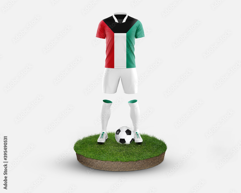 Kuwait soccer player standing on football grass, wearing a national flag uniform. Football concept. championship and world cup theme. Kuwait soccer player standing on football grass, wearing a national flag uniform. Football concept. championship and world cup theme.