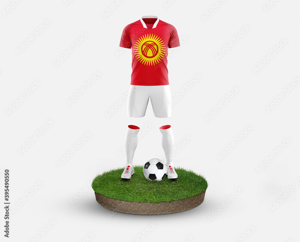 Kyrgyzstan soccer player standing on football grass, wearing a national flag uniform. Football concept. championship and world cup theme.