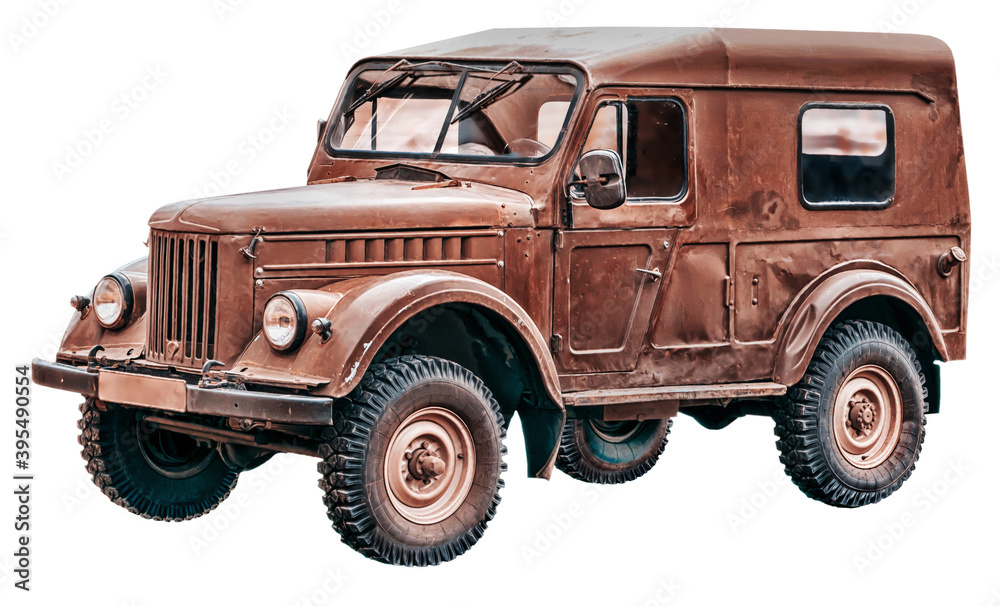 The vintage four-wheel drive light soviet military truck on the isolated white background.