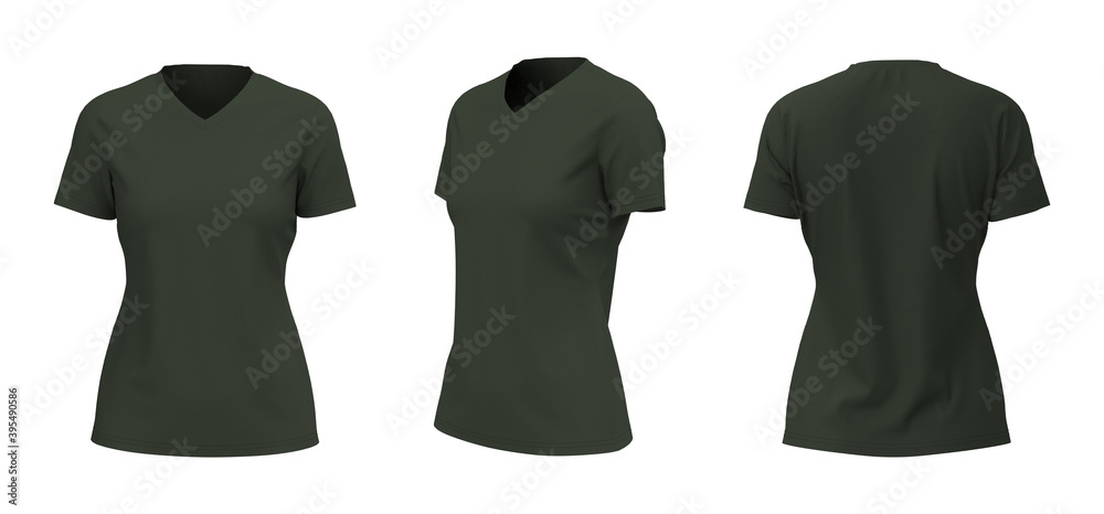 Women's v-neck t-shirt mockup, front, side and back views, design presentation for print, 3d illustration, 3d rendering Women's v-neck t-shirt mockup, front, side and back views, design presentation for print, 3d illustration, 3d rendering