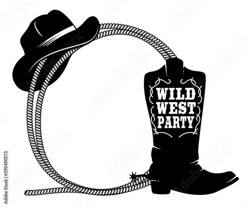 Frame from rope with cowboy boots and hat in engraving style. Design element for poster, card, banner, sign. Vector illustration