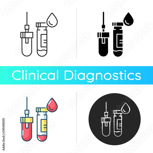 Vacuum test tubes icon. Blood analysis. Clinical diagnostic for diabetes. Hospital fluid examination. Healthcare, medicine. Linear black and RGB color styles. Isolated vector illustrations