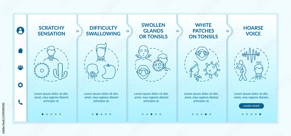 Throat inflammation symptoms onboarding vector template. Difficulty swallowing. Swollen glands and tonsils. Responsive mobile website with icons. Webpage walkthrough step screens. RGB color concept