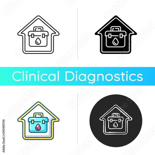 At home blood test icon. Medical analysis. Healthcare checkup. Check for virus, infection, disease. House doctor call. Linear black and RGB color styles. Isolated vector illustrations