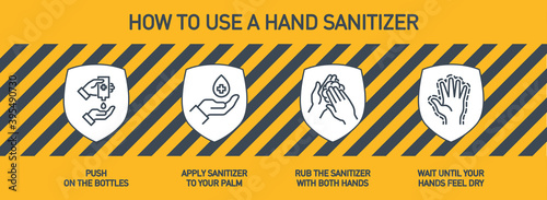 Infographic illustration of How to use hand sanitizer properly. instructions using wall dispenser antiseptic for hand disinfection: press your elbow on button lever, apply sanitizer on palm, rub hands