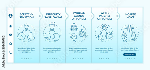 Throat inflammation symptoms onboarding vector template. Difficulty swallowing. Swollen glands and tonsils. Responsive mobile website with icons. Webpage walkthrough step screens. RGB color concept