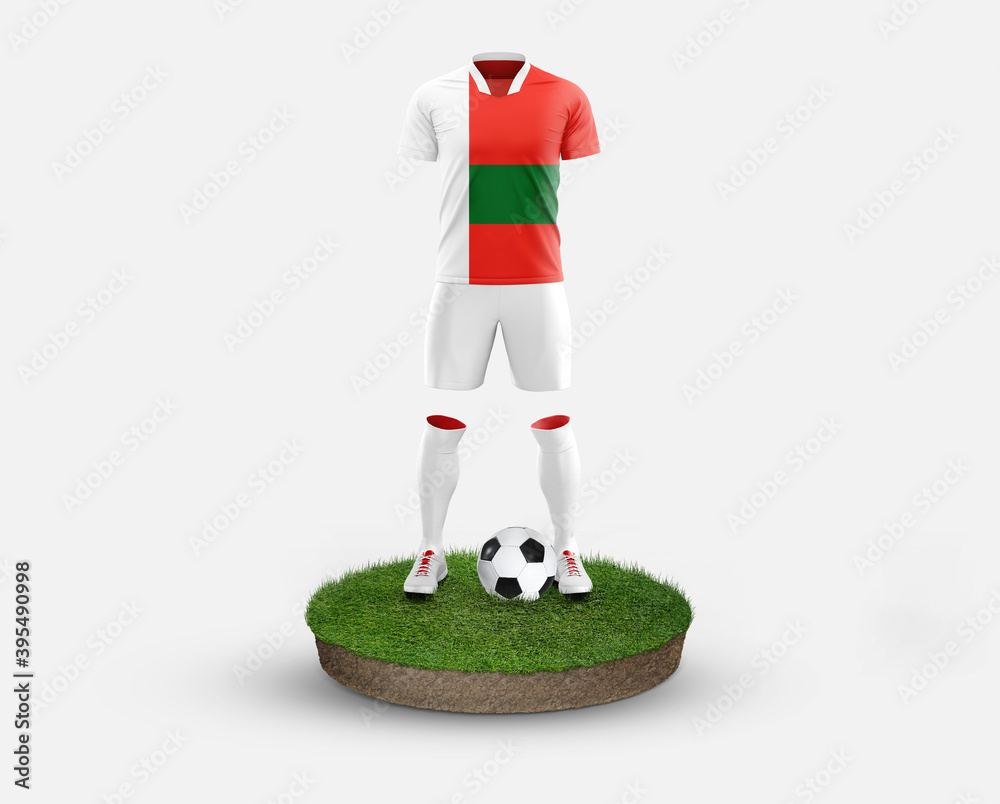 Madagascar soccer player standing on football grass, wearing a national flag uniform. Football concept. championship and world cup theme.