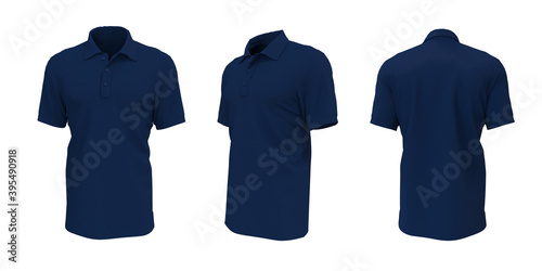 Blank collared shirt mockup, front, side and back views, tee design presentation for print, 3d rendering, 3d illustration