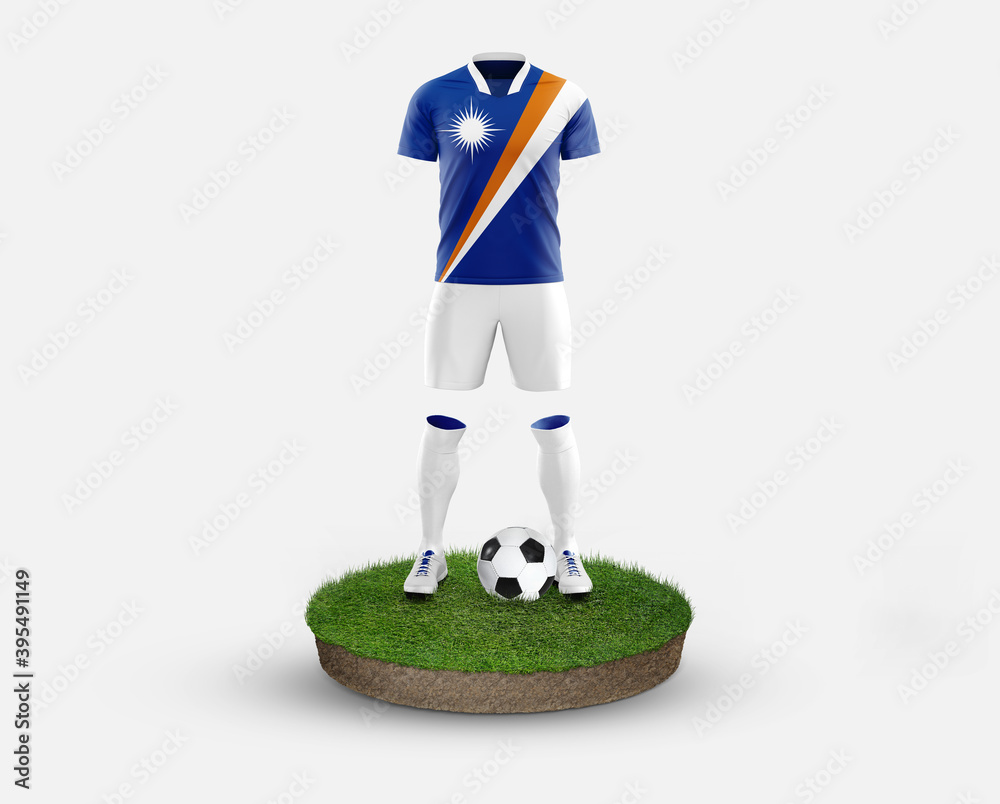 Marshall Islands soccer player standing on football grass, wearing a national flag uniform. Football concept. championship and world cup theme.