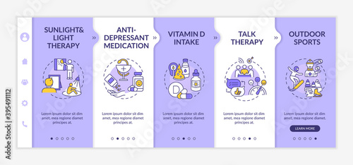 Seasonal affective disorder treatment onboarding vector template. Sunlight therapy. Antidepressant medication. Responsive mobile website with icons. Webpage walkthrough step screens. RGB color concept