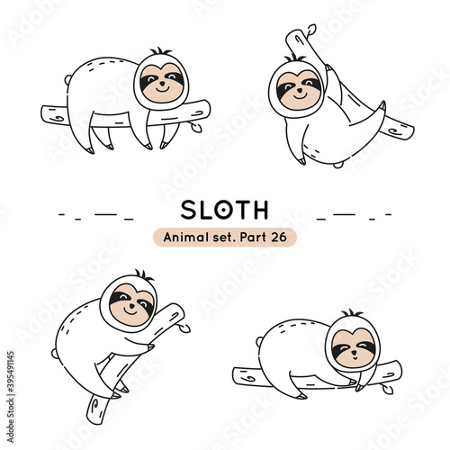 Set of doodle sloths in various poses. Collection of cute characters isolated.