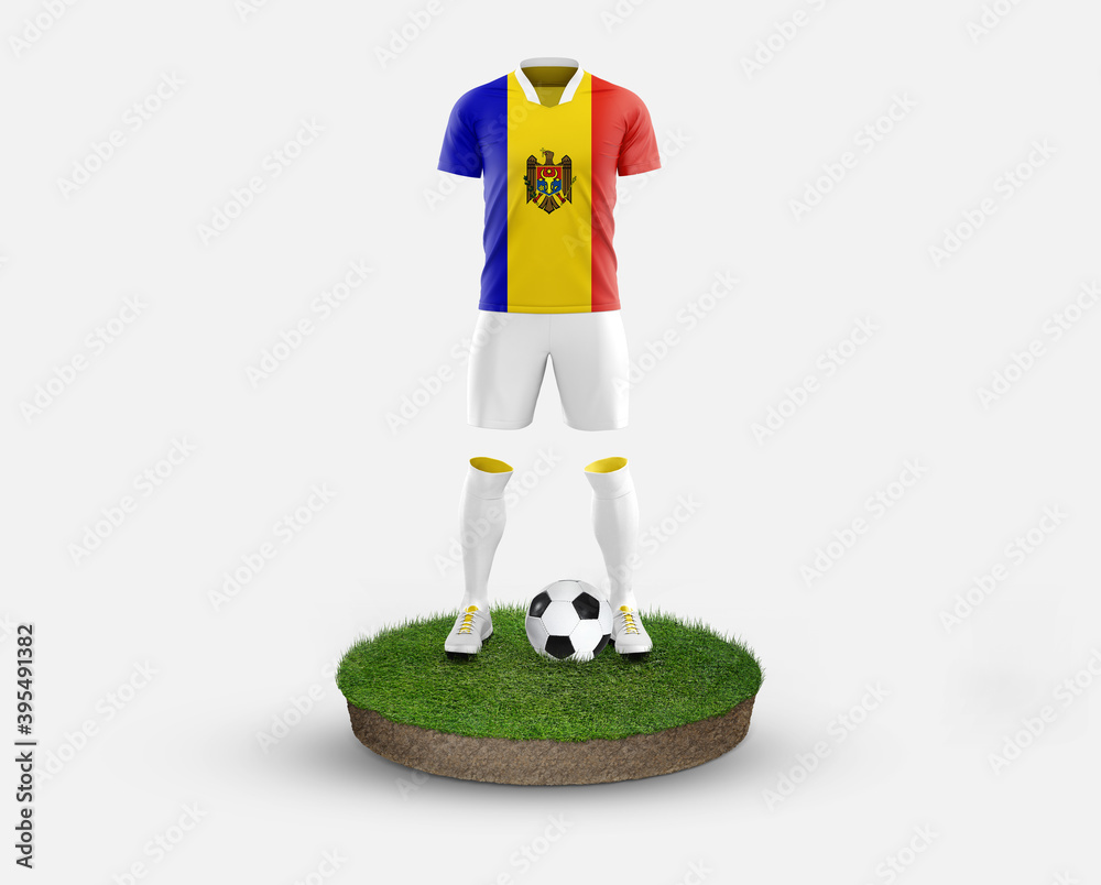 Moldova soccer player standing on football grass, wearing a national flag uniform. Football concept. championship and world cup theme.