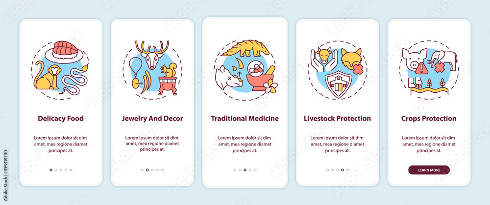Animal cruelty onboarding mobile app page screen with concepts. Biodiversity loss. Exotic animal abuse walkthrough 5 steps graphic instructions. UI vector template with RGB color illustrations