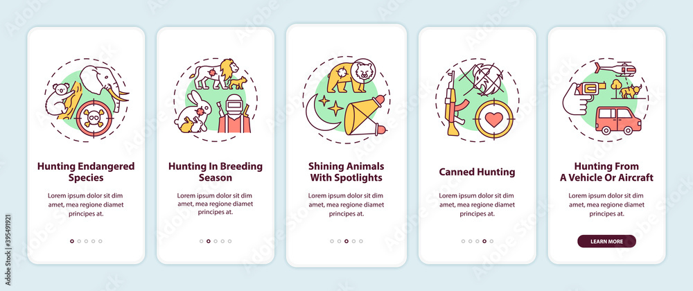 Illegal hunting onboarding mobile app page screen with concepts. Harm to wild life. Animal abuse walkthrough 5 steps graphic instructions. UI vector template with RGB color illustrations