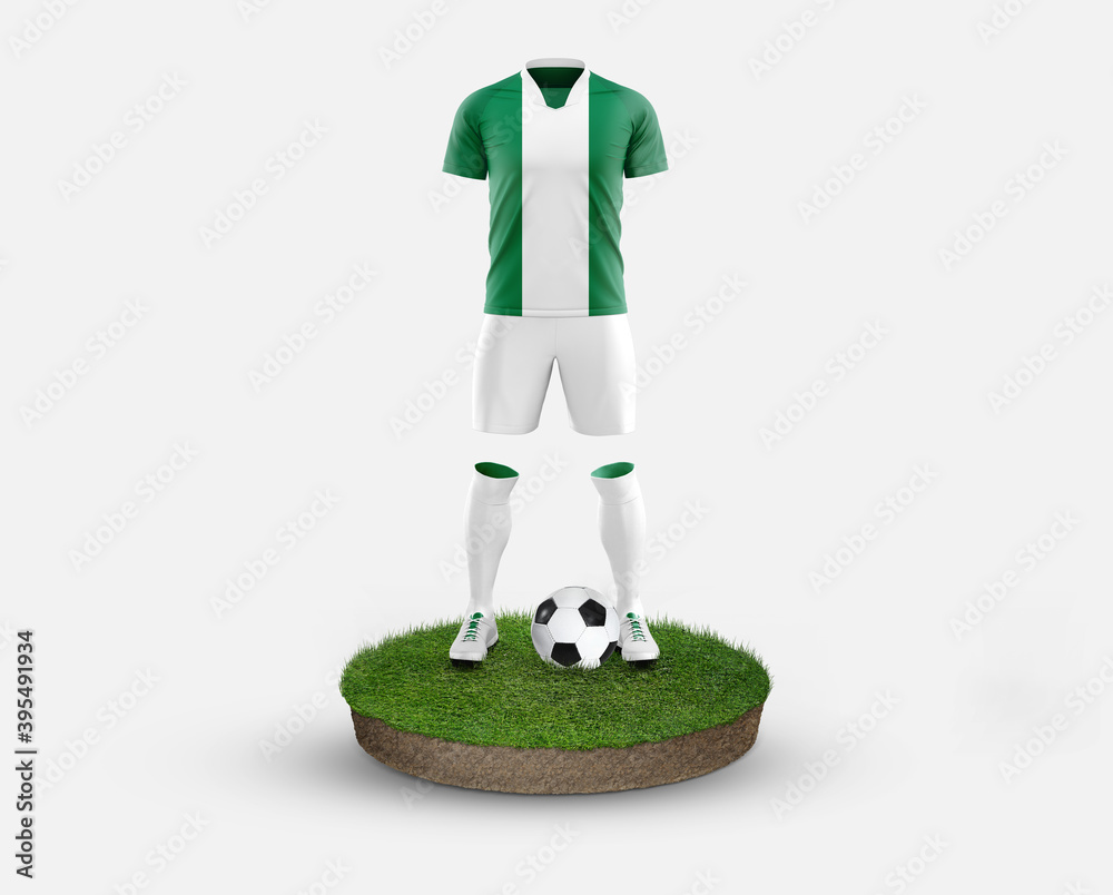 Nigeria soccer player standing on football grass, wearing a national flag uniform. Football concept. championship and world cup theme. Nigeria soccer player standing on football grass, wearing a national flag uniform. Football concept. championship and world cup theme.