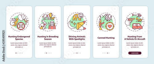 Illegal hunting onboarding mobile app page screen with concepts. Harm to wild life. Animal abuse walkthrough 5 steps graphic instructions. UI vector template with RGB color illustrations
