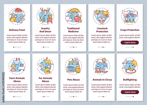 Wildlife conservation onboarding mobile app page screen with concepts set. Nature protection. Animal abuse walkthrough 5 steps graphic instructions. UI vector template with RGB color illustrations