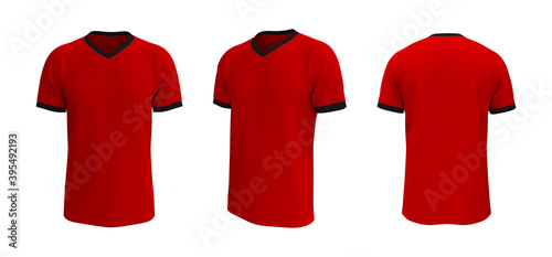 men's short- sleeve t-shirt mockup in front, side and back views, design presentation for print, 3d illustration, 3d rendering