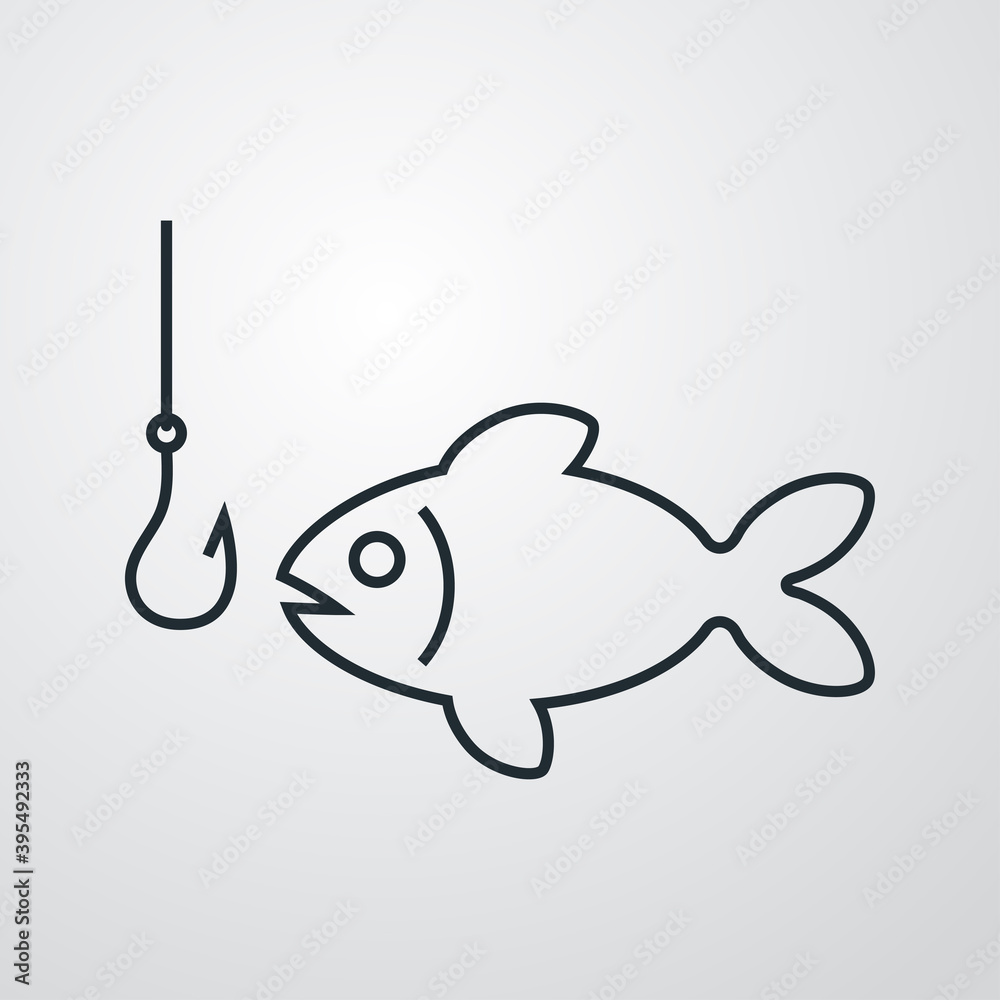 Pesca deportiva. Icono silueta de pescado con anzuelo y sedal con lineas en  fondo gris Stock Vector