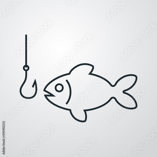 Pesca deportiva. Icono silueta de pescado con anzuelo y sedal con lineas en fondo gris