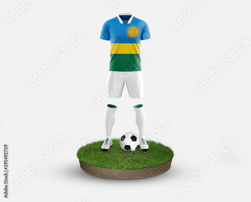 Rwanda soccer player standing on football grass  wearing a national flag uniform. Football concept. championship and world cup theme.