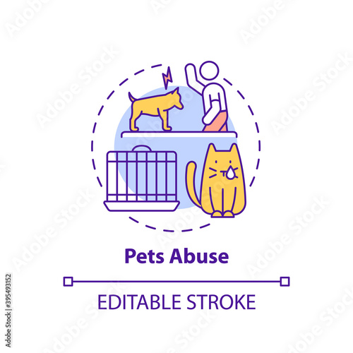 Fototapeta Naklejka Na Ścianę i Meble -  Pets abuse concept icon. Harm to cat from owner. Violence to dog. Aggression and punishment. Animal cruelty idea thin line illustration. Vector isolated outline RGB color drawing. Editable stroke