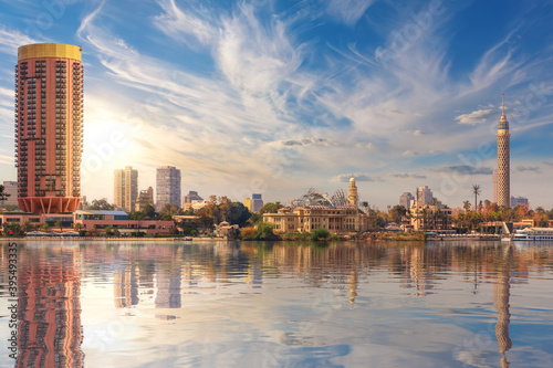 View on Cairo downtown, TV Tower and fashionable hotels in the harbour of the Nile, Egypt