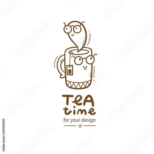 Сard with cute cartoon mug and tea. Funny drink print. Anthropomorphic tableware poster. Vector doodle illustration. Cheerful hand drawn сup.