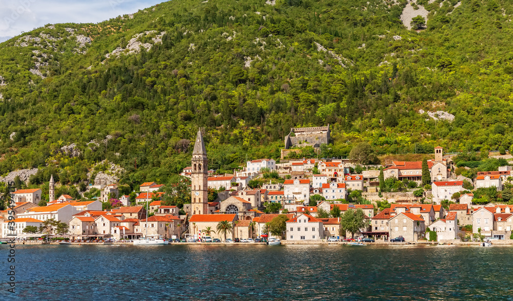 Perast Old Town in the Bay of Kotor, beautiful summer view from the sea, Montenegro