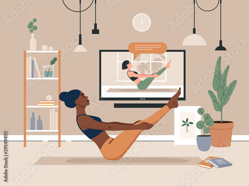 Young black woman doing yoga exercise with video online course in home. Cozy room interior background with trendy shelf, plants, pictures, lamps and tv. Flat vector illustration.