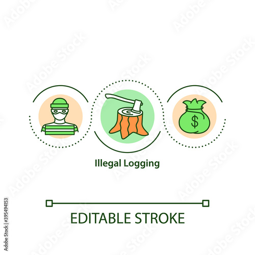 Illegal logging concept icon. Deforestation idea thin line illustration. Harvesting timber from protected areas. Biodiversity loss. Vector isolated outline RGB color drawing. Editable stroke